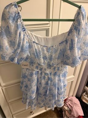 Blue Floral Off-Shoulder Smocked Waist Dress